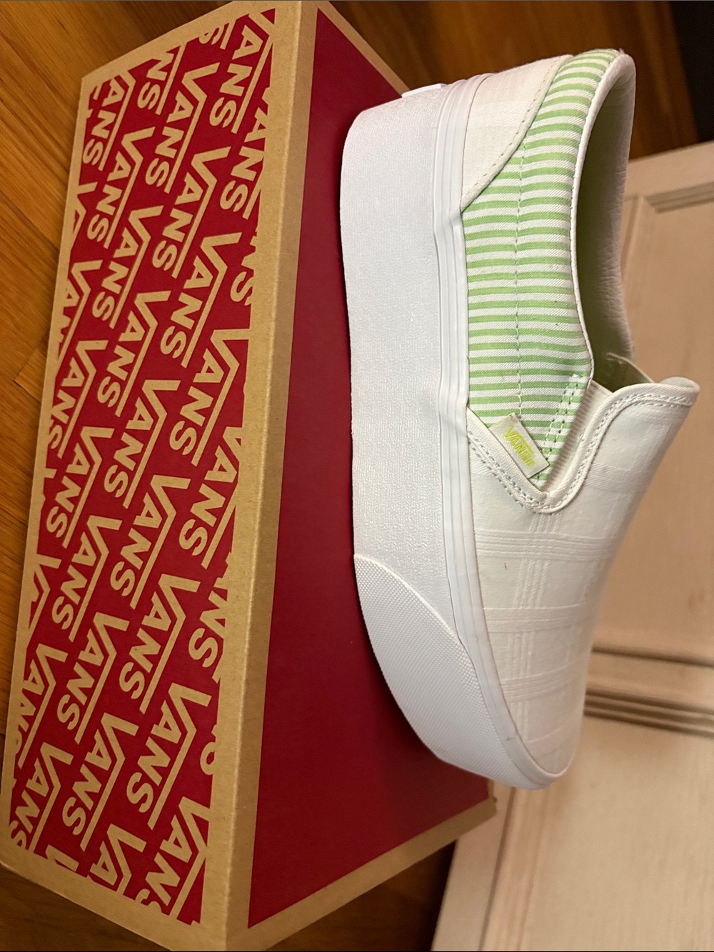 Vans Men’s Slip-On Sneakers in White and Light Green Stripe